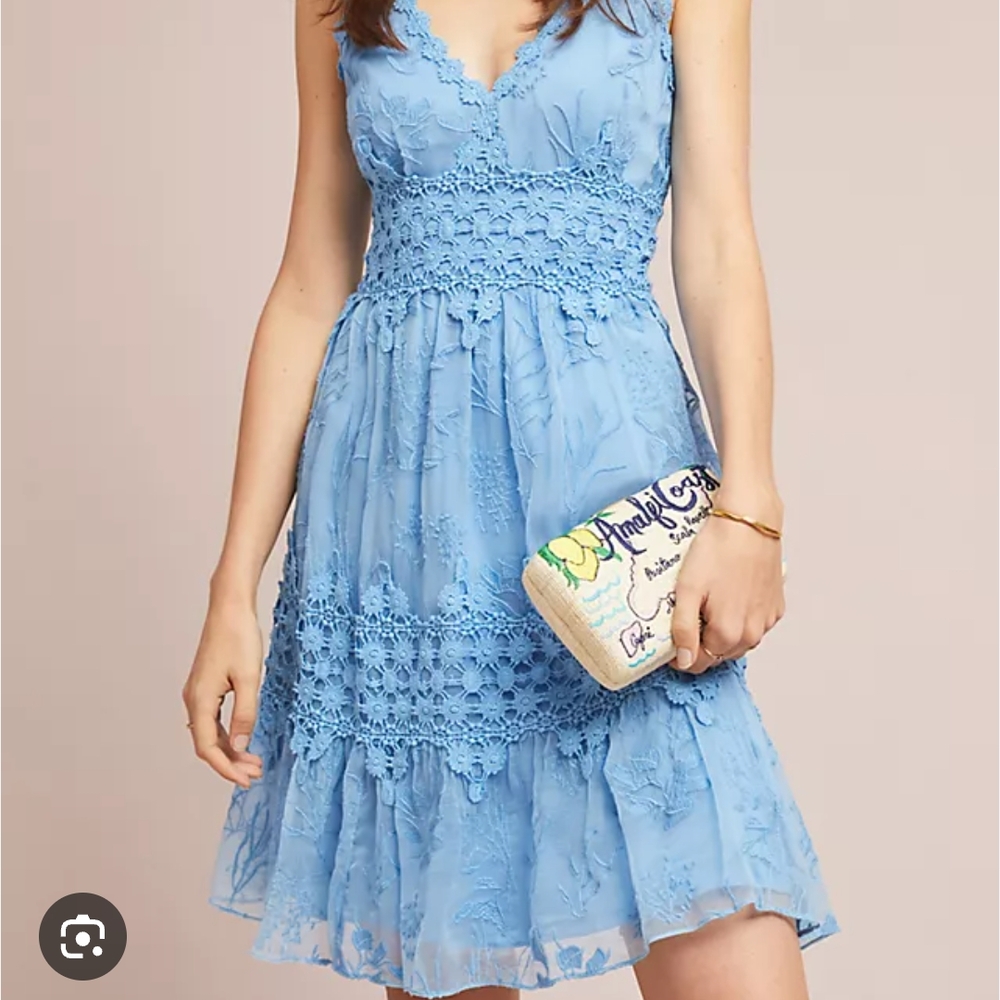 Anthropologie Ranna Gill NWT Veronica Sky Blue Lace Crochet Lace Dress Boho Sz M